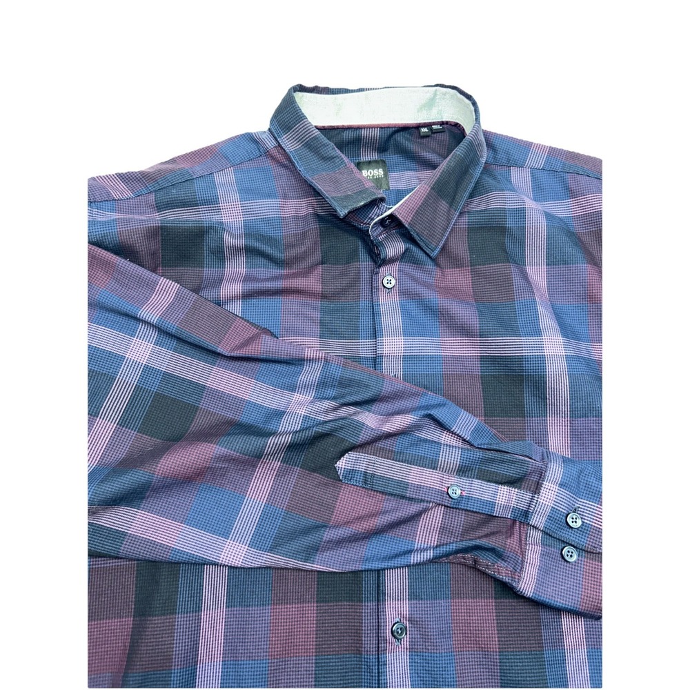 Hugo Boss Long‎ Sleeve Shirt Purple Blue Plaid Size 2XL